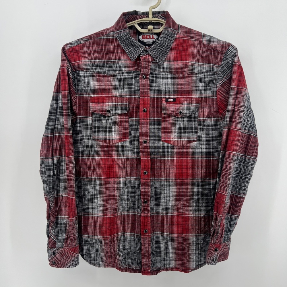 Bell Helmets Shirt Men Med Red Long Sleeve Button Up Pearl Snaps Rancher Biker
